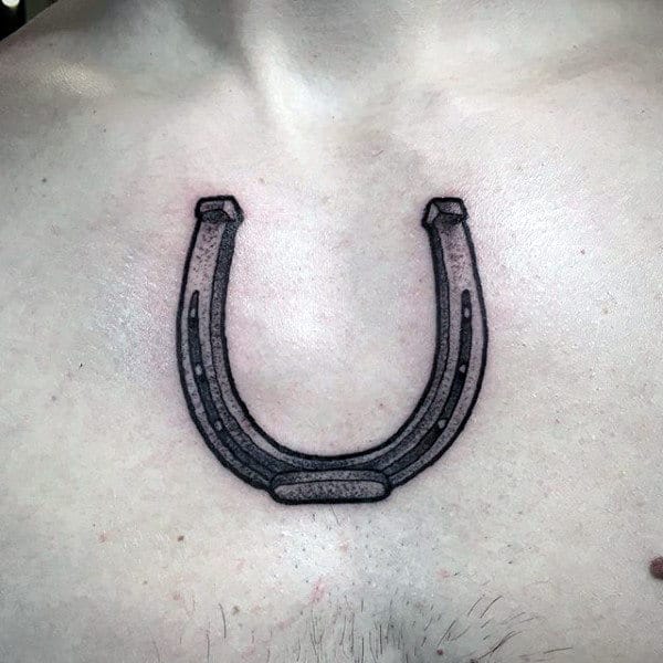 Detailed Dotwork Male Horseshoe Upper Chest Tattoo Designs
