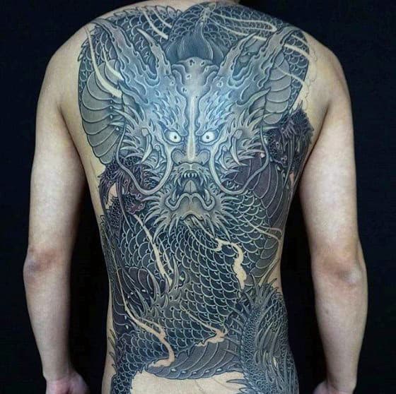 Detailed Dragon Japanese Male Back Tattoo