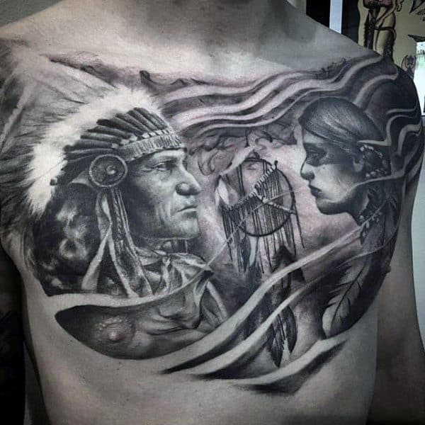 Detailed Dreamcatcher Native American Guys Chest Tattoos