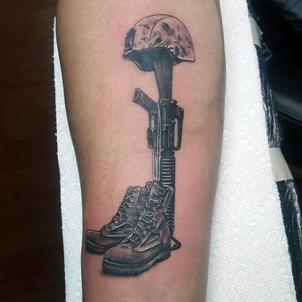 Detailed Fallen Soldiers Cross Mens Forearm Tattoo Ideas