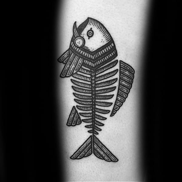 Detailed Fine Lines Fish Skeleton Tattoo Ideas For Guys