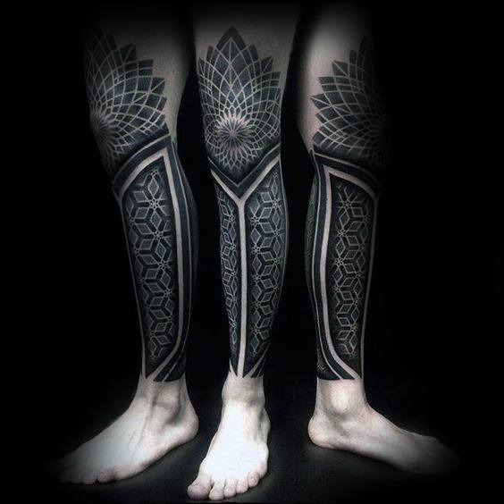 Detailed Geometric Pattern Guys All Black Knee And Leg Sleeve Tattoo