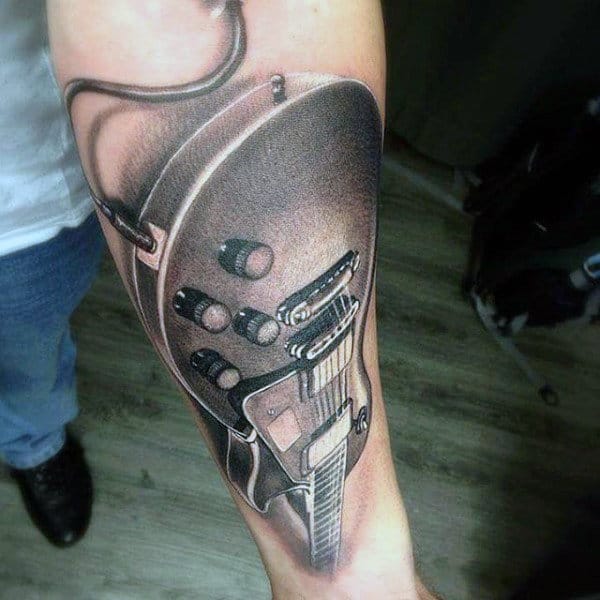 Detailed Guitar Tattoo On Guys Arms