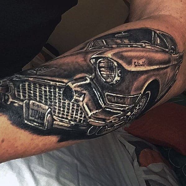 Detailed Guys Cadillac Classic Car Outer Forearm Tattoo Design Ideas