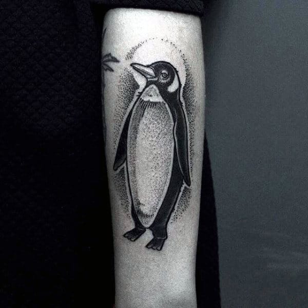 Detailed Guys Penguin Dotwork Forearm Tatoto