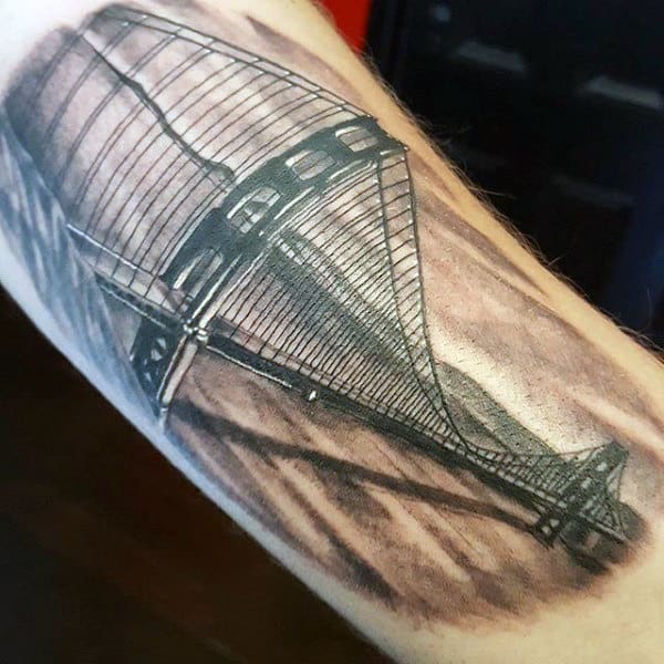 Detailed Guys San Francisco Golden Gate Bridge Outer Forearm Tattoos