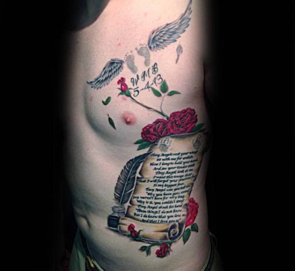 Detailed Guys Scroll Side Of Chest And Ribs Tattoo