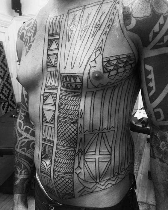 Detailed Guys Sick Tribal Full Chest Tattoo Design Inspiration