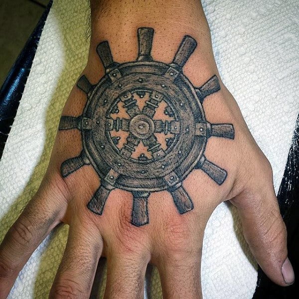 Detailed Hand Tattoo Of Ship Wheel For Males
