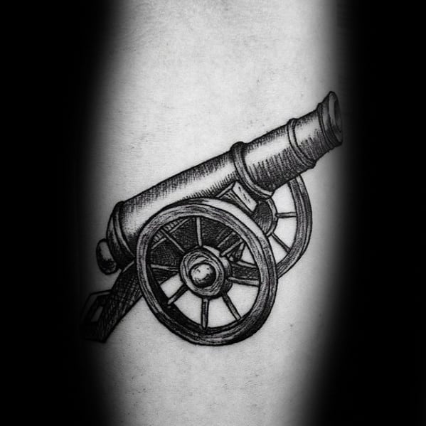 Detailed Inner Forearm Black And Grey Mens Cannon Tattoo Designs