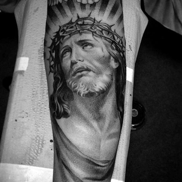 Detailed Jesus Face Portrait Male Forearm Tattoos