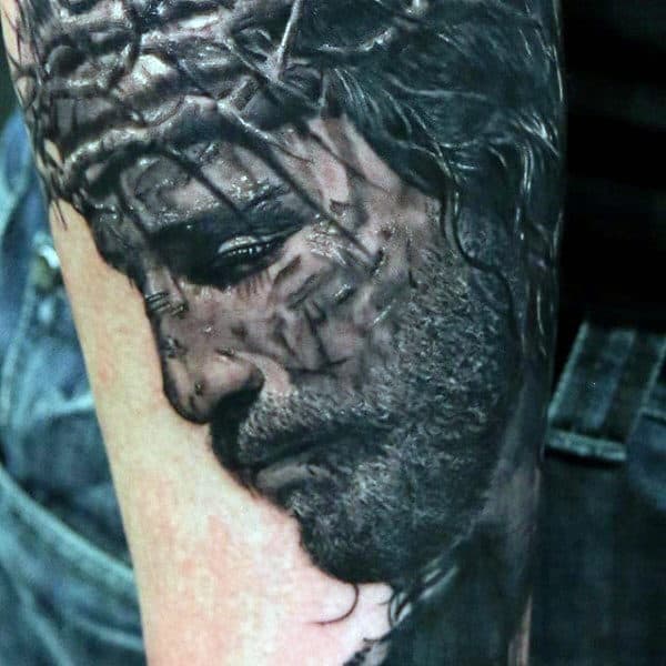 Detailed Jesus Portrait On Mans Arm