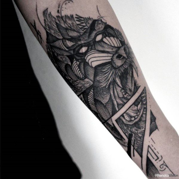 Black and grey geometric baboon tattoo with intricate linework, abstract shapes, and bold shading for a modern and artistic forearm design.