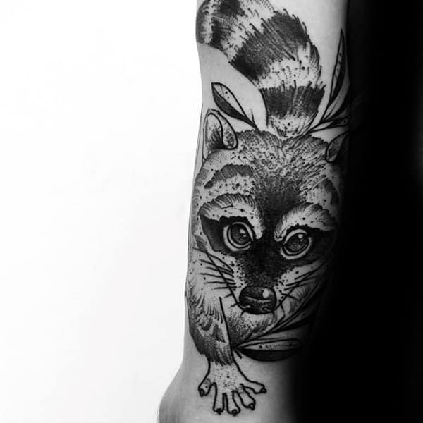 Detailed Male Black Ink Raccoon Lower Leg Tattoos