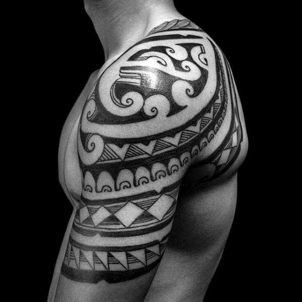 Detailed Male Sick Tribal Half Sleeve And Shoulder Tattoos