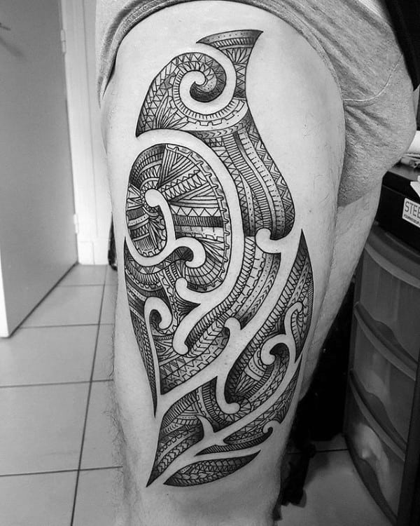 Detailed Male Tribal Thigh Tattoo Inspiration
