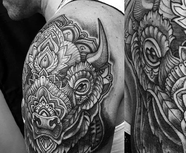 Detailed Mens Bison Half Sleeve Tattoos