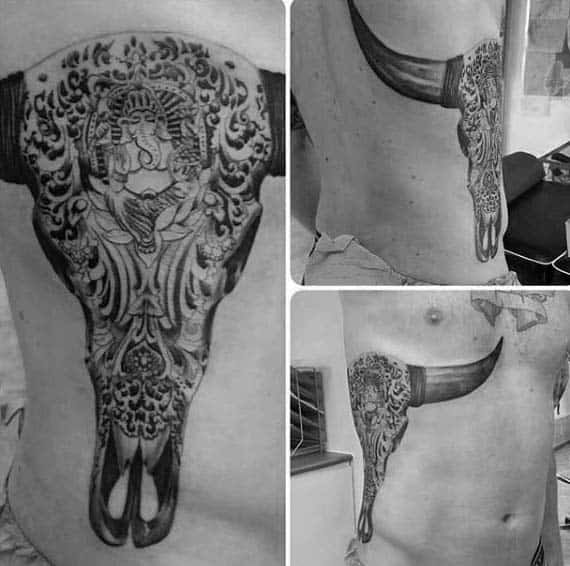 Detailed Mens Bull Skull Tattoo On Rib Cage Side Of Body
