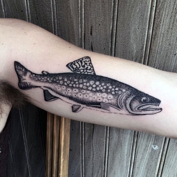 Detailed Mens Dotwork Trout Fish Inner Arm Bicep Tattoos