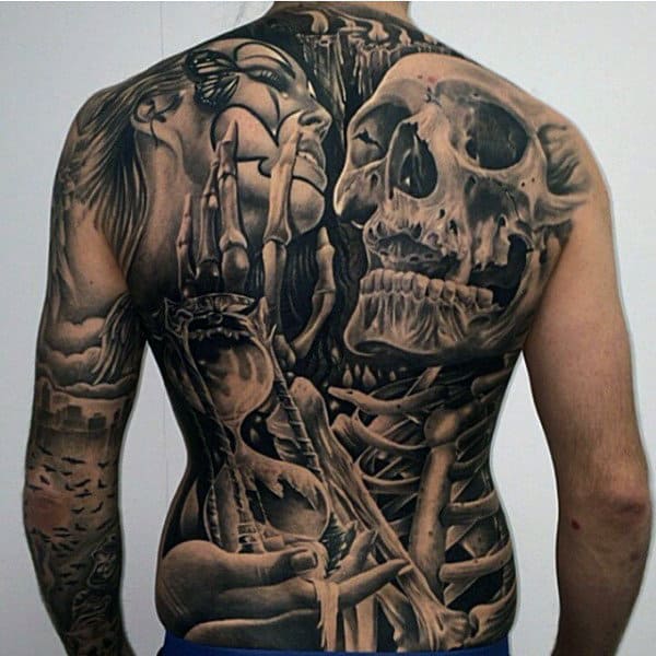 Detailed Mens Female Portrait With Skeleton Full Back Tattoo Design Ideas