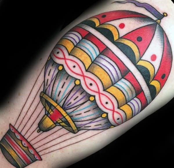 Detailed Mens Hot Air Balloon Traditional Tattoo On Bicep