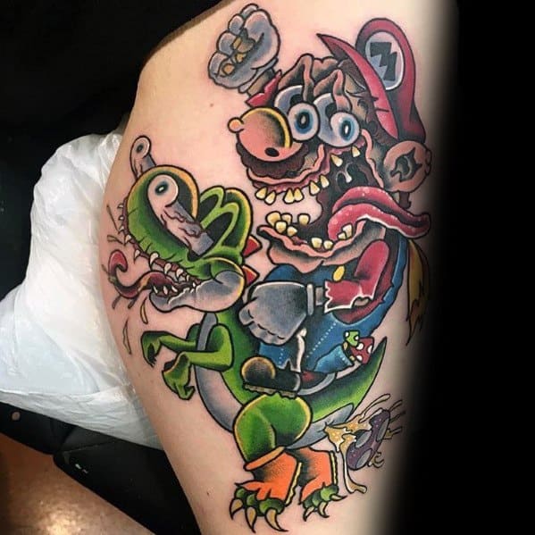 Wild and surreal Mario and Yoshi tattoo with exaggerated, grotesque features, bold outlines, and a chaotic, abstract art style.