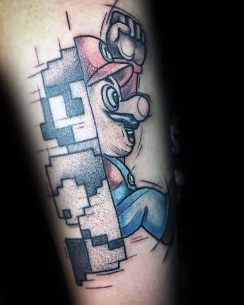 Creative Mario tattoo blending pixel art with realism, showing Mario transitioning from an 8-bit design to a modern look in dynamic motion.