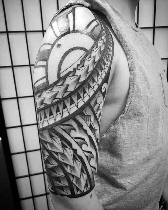 Detailed Mens Polynesian Tribal Half Sleeve Tattoo