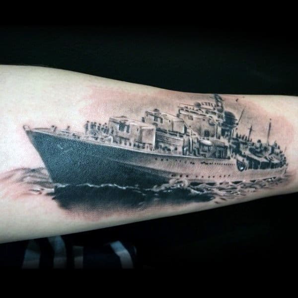 Detailed Mens Realistic Navy Ship Out At Sea Forearm Tattoos