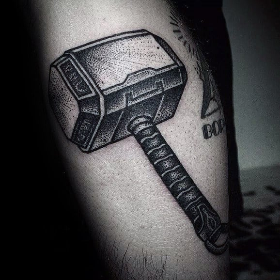 Detailed Mjolnir Mens Leg Calf Tattoos