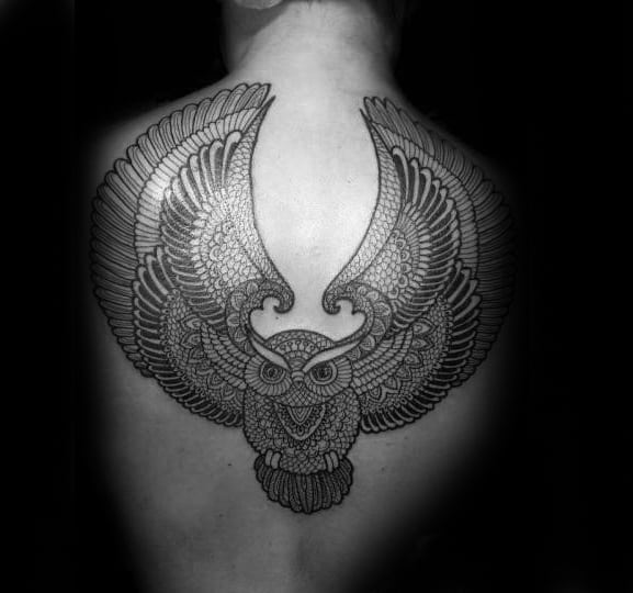 Detailed owl tattoo with spread wings on a person's back