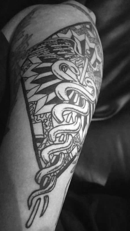 Detailed Pattern Caduceus Male Arm Tattoo Designs