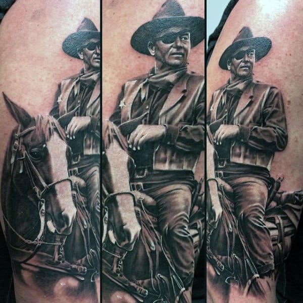 Detailed Realistic Black And White Man Riding Horse With Eyepatch Tattoo