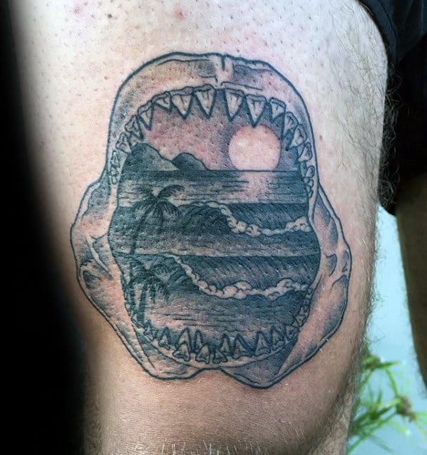 Detailed Shark Jaw Ocean Wave With Sunset Mens Thigh Tattoos