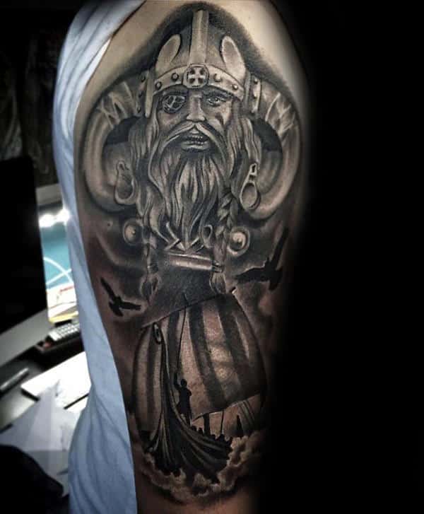 Detailed Ship With Odin Mens Half Sleeve Norse Tattoos