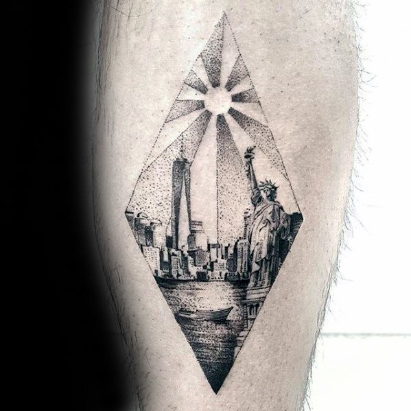 Dotwork-style tattoo of New York City in a diamond shape, featuring the Statue of Liberty, skyline, boat, and radiant sun above.