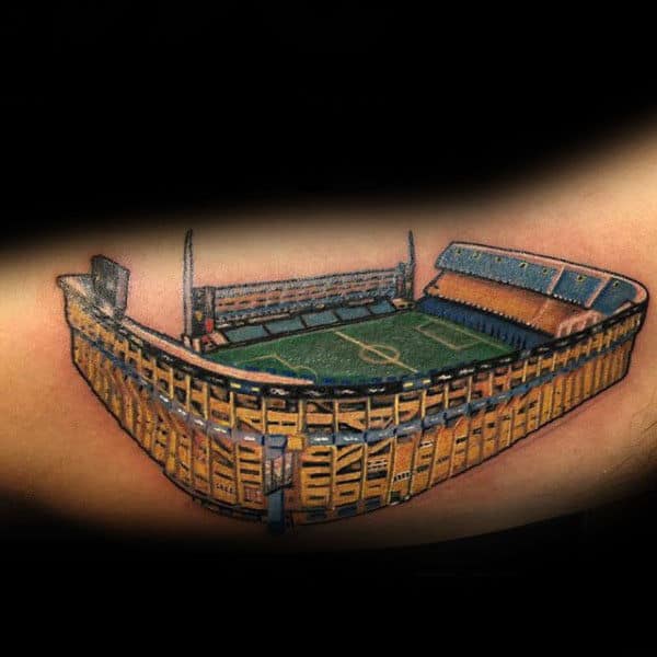 Detailed Soccer Field Stadium Tattoo For Guys On Inner Arm Bicep