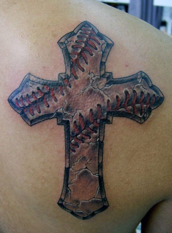 Detailed Stone Baseball Cross Male Shoulder Tattoos