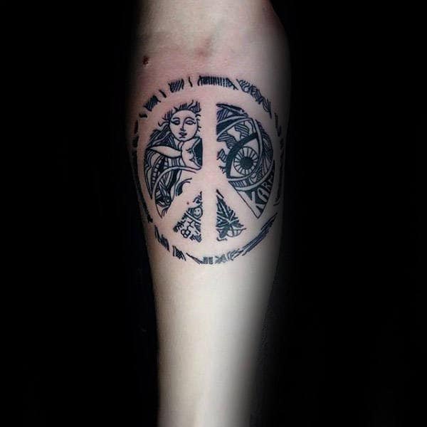 Detailed Sun And Moon Peace Sign Male Forearm Tattoo