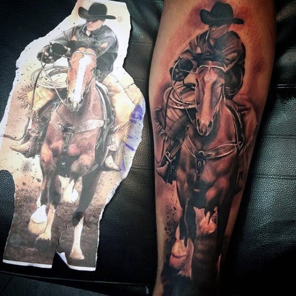 Detailed Tattoo Of Man Horseback Riding For Guys