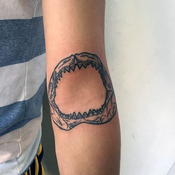 Detailed Tattoo Of Shark Jaw On Guys Inner Elbow With Black Ink Outlien Design