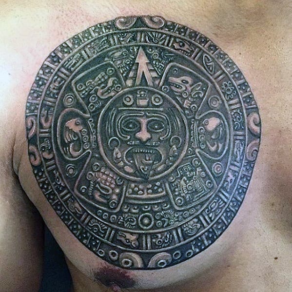 Detailed Upper Chest Male Mayan Calender Tattoo Ideas