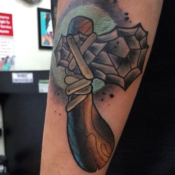 Detailed Wood Handle Stone Axe Head Tomahawk Mens Elbow Tattoo