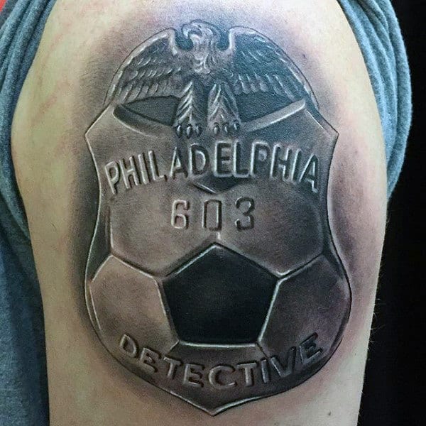 Detective Badge With Soccerball Design Mens Upper Arm Tattoos