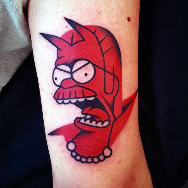 Bold tattoo of a fusion between Marge Simpson and the Devil, featuring sharp horns, intense expression, and a red color scheme.