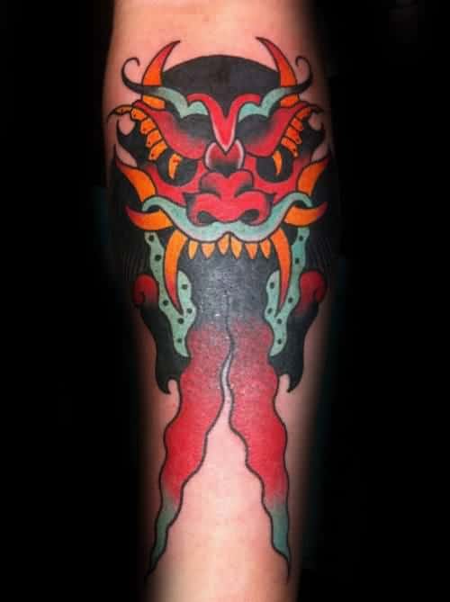 Devil With Two Tounges Mens Traditional Forearm Tattoo