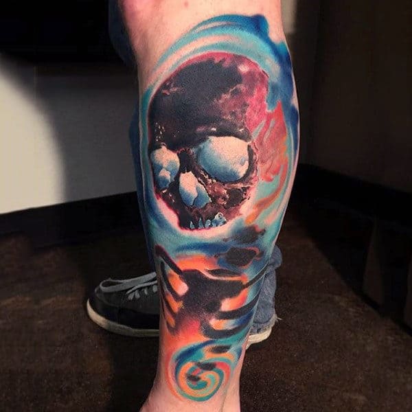 Devilish Skull Watercolor Tattoo On Calves Male