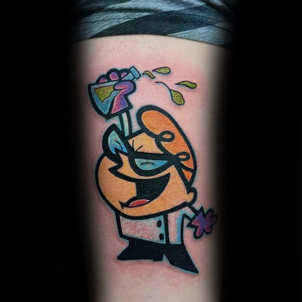Bright and playful tattoo of Dexter from Dexter’s Laboratory joyfully pouring a bubbling potion over his own head with a big grin.