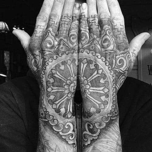 Dharma Wheel Tattoo On Both Hands Of Male