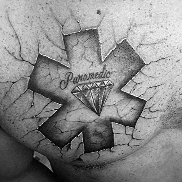 Diamond With Star Of Life Mens Paramedic Upper Chest 3d Stone Tattoos